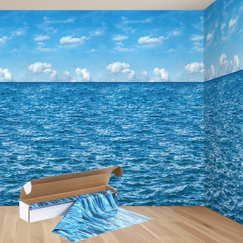 Jectivs 4.5x33 Ft Ocean Sky Wall Backdrop Decorations,Roll of Plastic Blue Ocean Sky White Clouds Photography Background,Under The Sea Natural Scenery Wallpaper Summer Weeding Birthday Pool Party Photo Props - Image 1