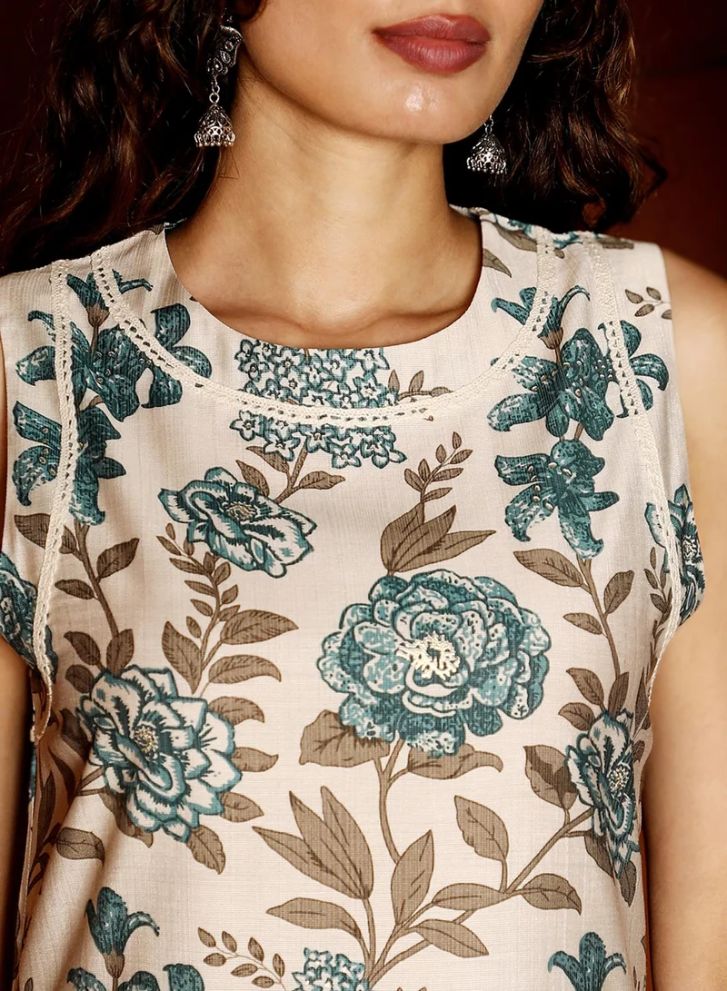 QISSA Women's Steel Blue Botanical Vine Kurta Set