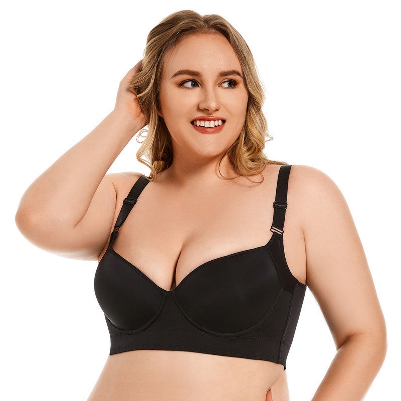 Cross-border plus size glossy seamless sexy underwear women push up breast collection anti-sagging bra with steel ring deep V bra Black  - Image 3