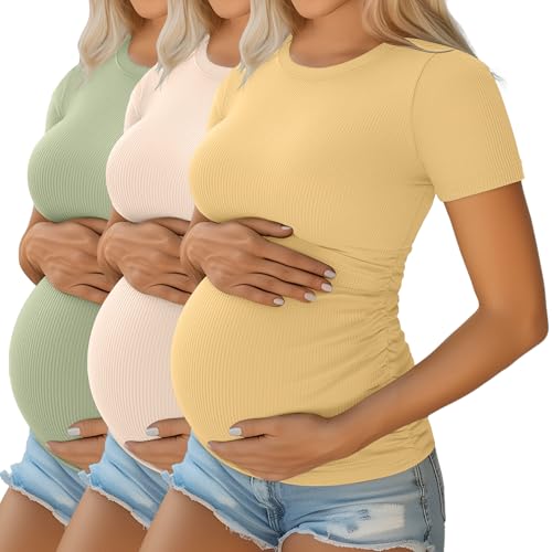Ficerd 3 Pack Womens Maternity Shirts Cotton Short Sleeve Pregnancy Tops Side Ruched Ribbed Casual Mama tees ClothesLight Green Apricot YellowSmall - Image 1