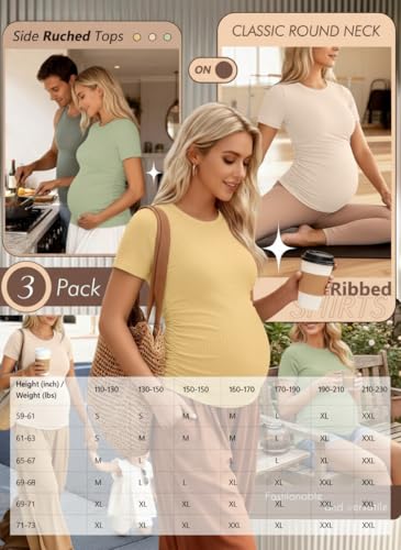 Ficerd 3 Pack Womens Maternity Shirts Cotton Short Sleeve Pregnancy Tops Side Ruched Ribbed Casual Mama tees ClothesLight Green Apricot YellowSmall - Image 3