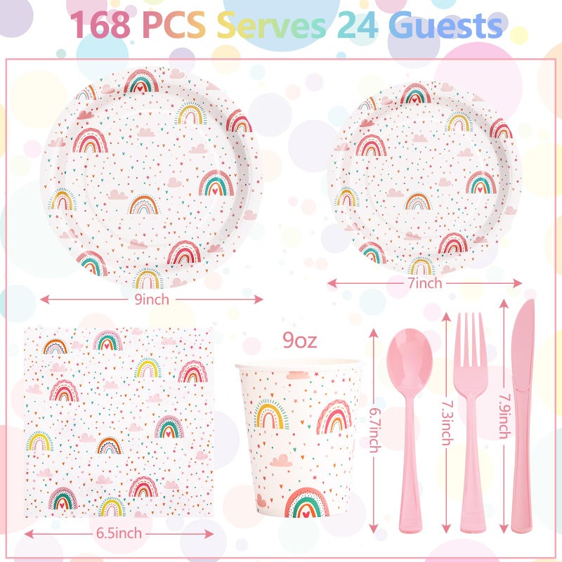 Gudvilla Boho Rainbow Birthday Decorations for Girl  168Pcs Rainbow Plates and Napkins Party Supplies  Rainbow Party Plates Serve 24  Rainbow Baby Shower for 1st 3rd 4th 5th Girl Birthday Decorations - Image 3