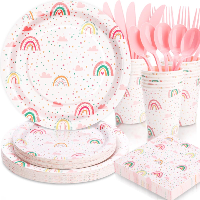 Gudvilla Boho Rainbow Birthday Decorations for Girl  168Pcs Rainbow Plates and Napkins Party Supplies  Rainbow Party Plates Serve 24  Rainbow Baby Shower for 1st 3rd 4th 5th Girl Birthday Decorations - Image 1