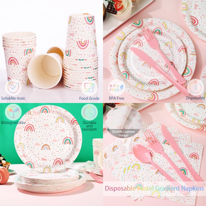 Gudvilla Boho Rainbow Birthday Decorations for Girl  168Pcs Rainbow Plates and Napkins Party Supplies  Rainbow Party Plates Serve 24  Rainbow Baby Shower for 1st 3rd 4th 5th Girl Birthday Decorations - Image 4