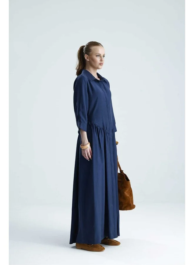 GACACOLLECTION OFRE Front-Buttoned Indigo Belted Long Dress