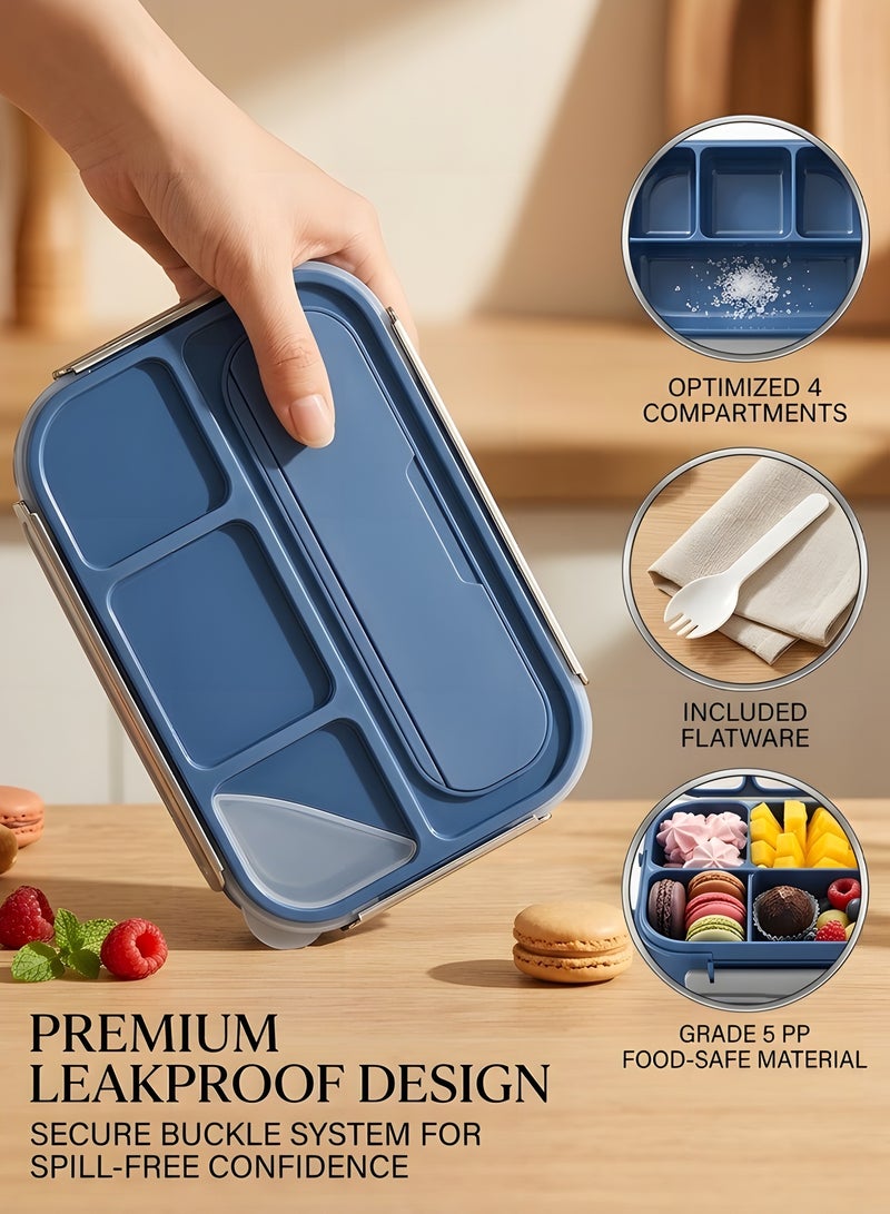 بيوينتي صندوق الغداء 1300 مل - 4 مقصورات عميقة، خالية من BPA، مقاومة للتسرب وإعادة الاستخدام - ميكروويف، غسالة صحون ومجمدة آمنة مع ملعقة للبالغين والأطفال والأطفال الصغار (أزرق) - Image 2
