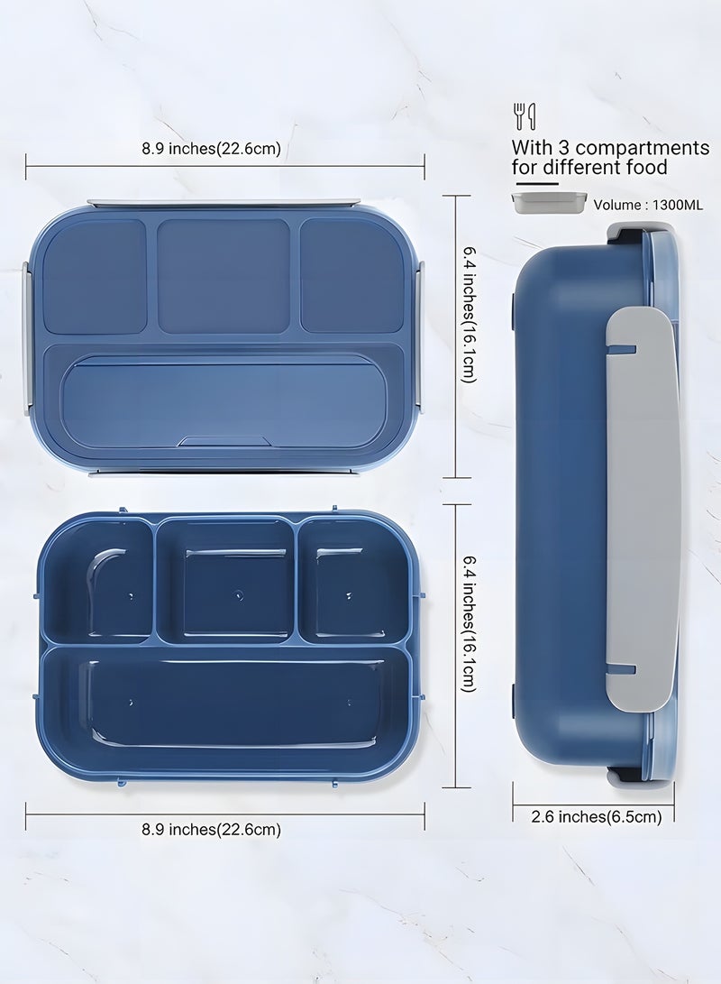 بيوينتي صندوق الغداء 1300 مل - 4 مقصورات عميقة، خالية من BPA، مقاومة للتسرب وإعادة الاستخدام - ميكروويف، غسالة صحون ومجمدة آمنة مع ملعقة للبالغين والأطفال والأطفال الصغار (أزرق) - Image 3