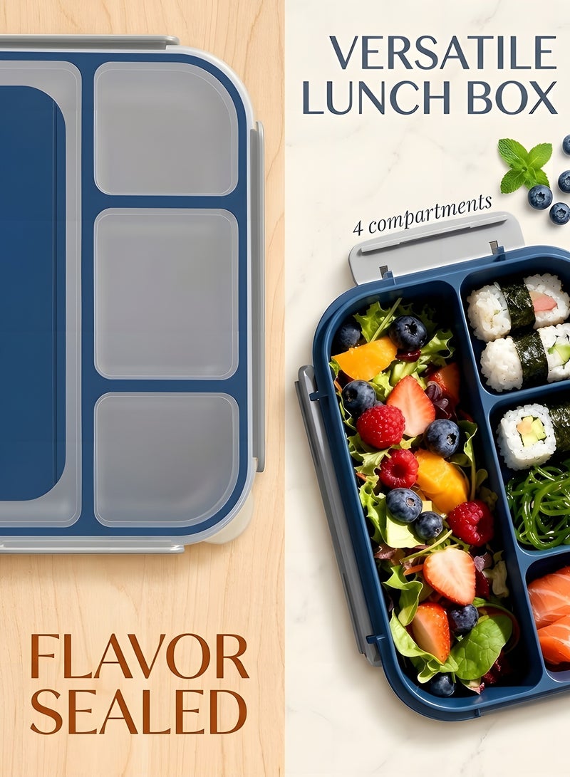 بيوينتي صندوق الغداء 1300 مل - 4 مقصورات عميقة، خالية من BPA، مقاومة للتسرب وإعادة الاستخدام - ميكروويف، غسالة صحون ومجمدة آمنة مع ملعقة للبالغين والأطفال والأطفال الصغار (أزرق) - Image 4