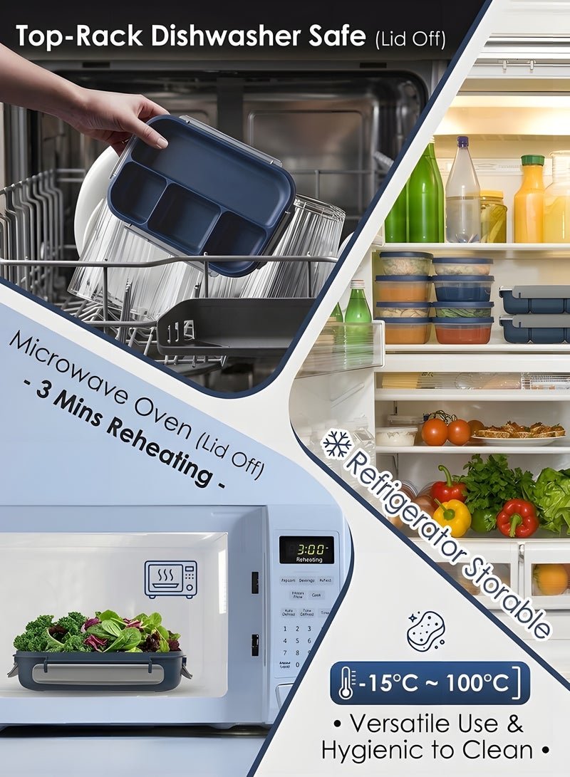 بيوينتي صندوق الغداء 1300 مل - 4 مقصورات عميقة، خالية من BPA، مقاومة للتسرب وإعادة الاستخدام - ميكروويف، غسالة صحون ومجمدة آمنة مع ملعقة للبالغين والأطفال والأطفال الصغار (أزرق) - Image 5