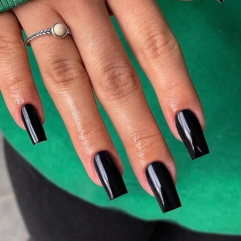 KXAMELIE Black Press on Nails Long Square KXAMELIE Medium Coffin Nails Press ons Long Glue on Nails Natural Thick Fake Nails Acrylic Nails Reusable 24 Solid Color False Nails for Women