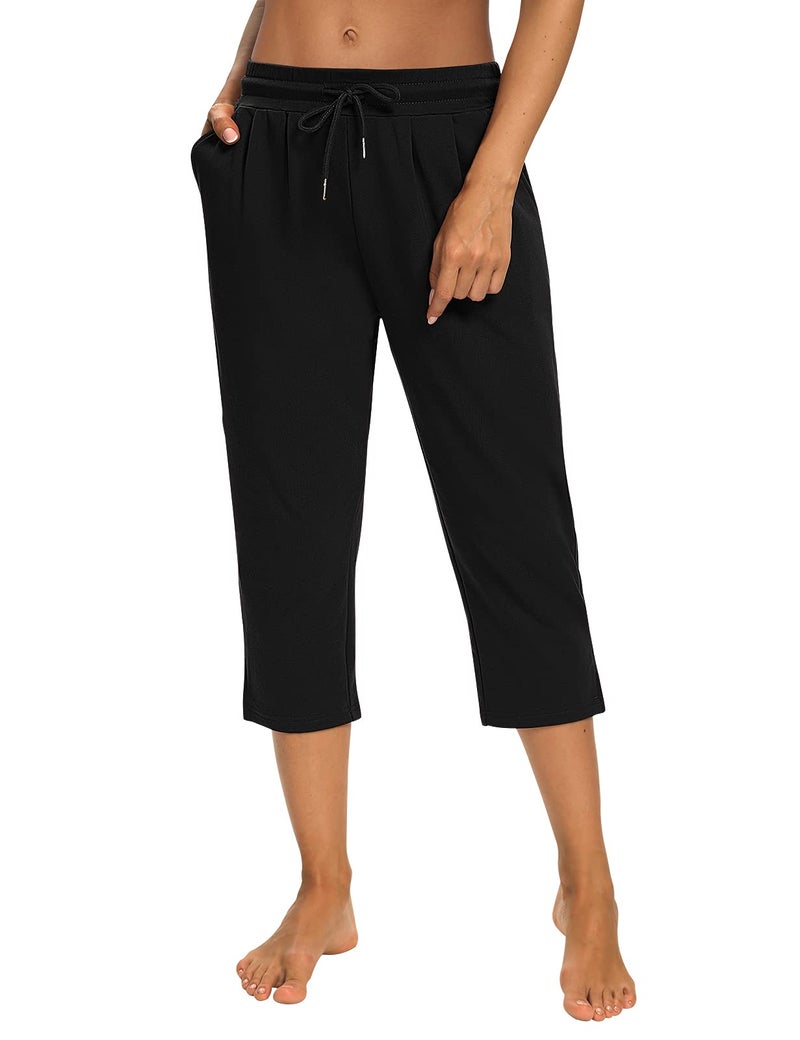 Sarin Mathews Womens Capri Yoga Pants Loose Workout Joggers Drawstring Sweatpants Lounge Pajama Capris Pants with Pockets Black XL - Image 2