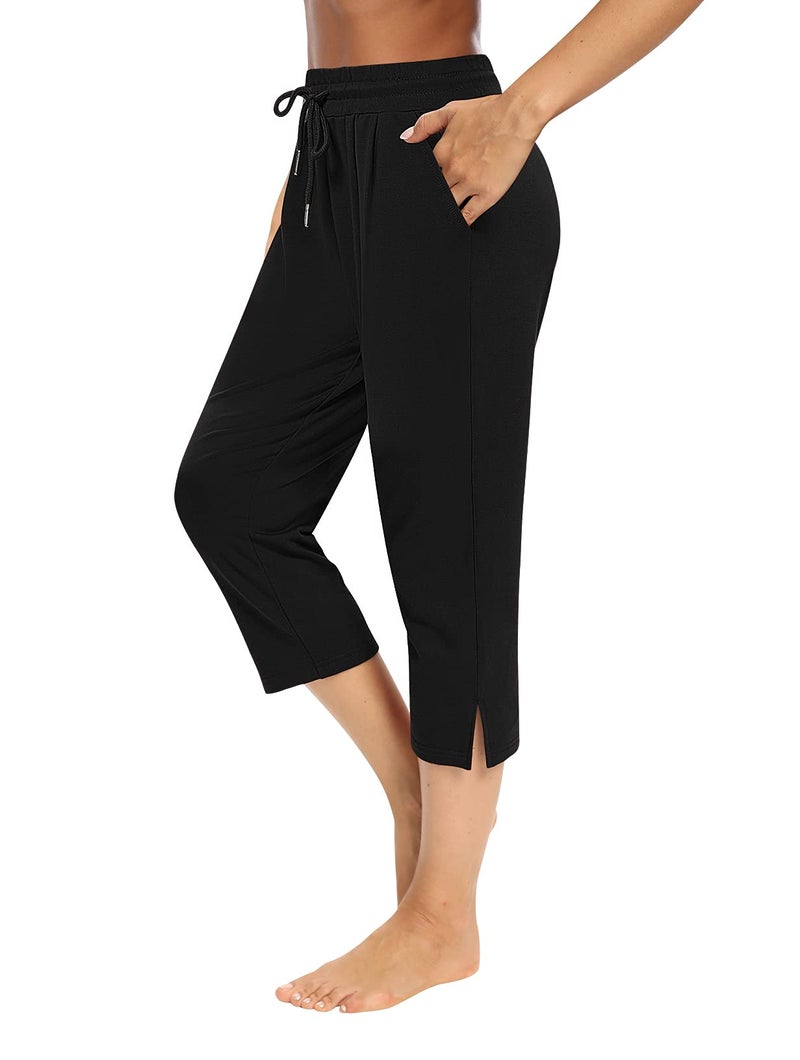 Sarin Mathews Womens Capri Yoga Pants Loose Workout Joggers Drawstring Sweatpants Lounge Pajama Capris Pants with Pockets Black XL - Image 4