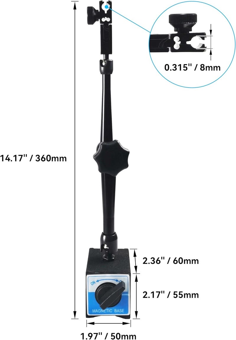 HFS (R) Dial Indicator Magnetic Base Stand with Adjustable Holder Flexible Arm for 8mm Digital Dial Test Indicator Gauge 176lbs/80kg Max Pull Black - Image 2