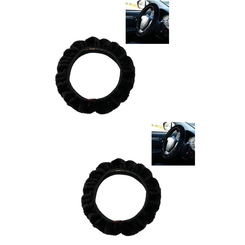 2pcs Plush Stretch- Vehicle Steering Wheel Comfy Black Car Wheel Protector - Image 1