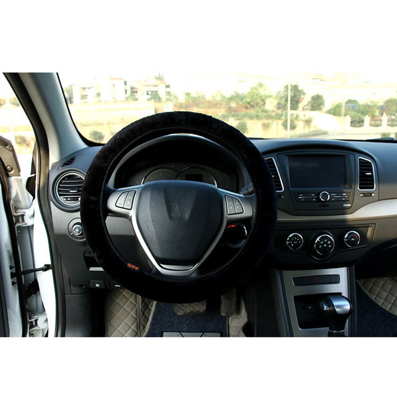 2pcs Plush Stretch- Vehicle Steering Wheel Comfy Black Car Wheel Protector - Image 4