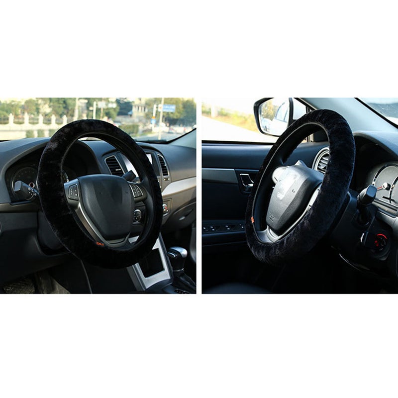 2pcs Plush Stretch- Vehicle Steering Wheel Comfy Black Car Wheel Protector - Image 3