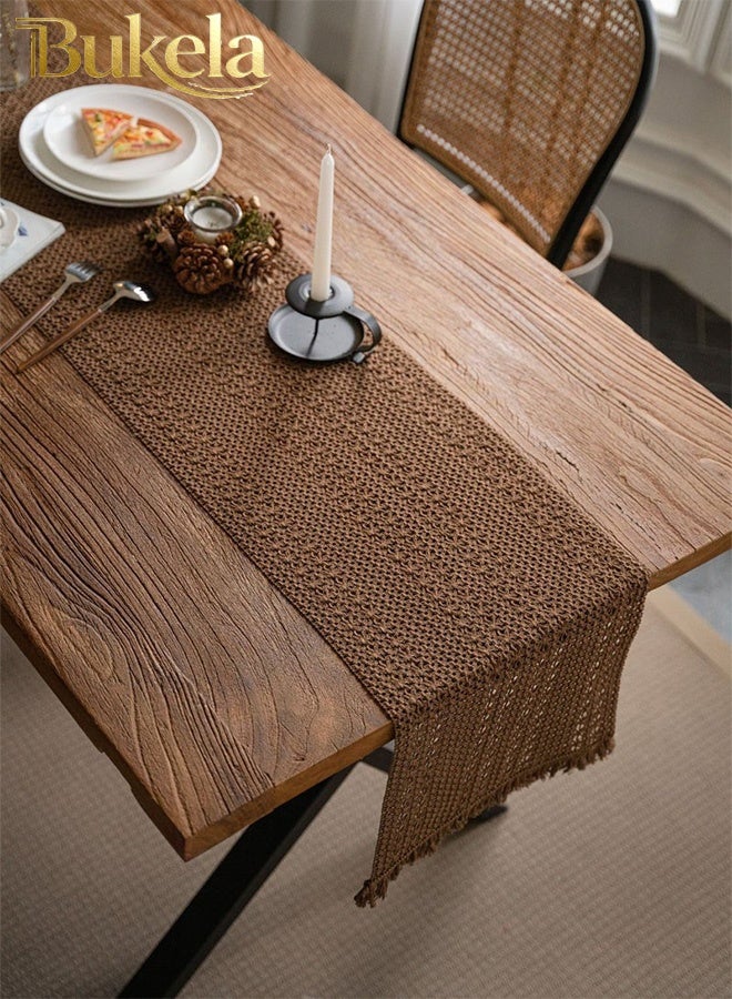 Bukela Boho Cotton Linen Table Runner,Hand Crocheted Hollow Table Runner for Wedding Reception Bridal Shower Party Decoration Table Centerpiece 12*72 inch (Coffee Color) - Image 1