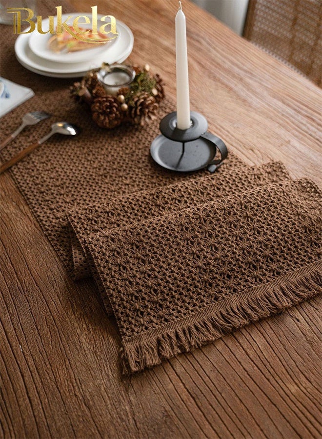 Bukela Boho Cotton Linen Table Runner,Hand Crocheted Hollow Table Runner for Wedding Reception Bridal Shower Party Decoration Table Centerpiece 12*72 inch (Coffee Color) - Image 3