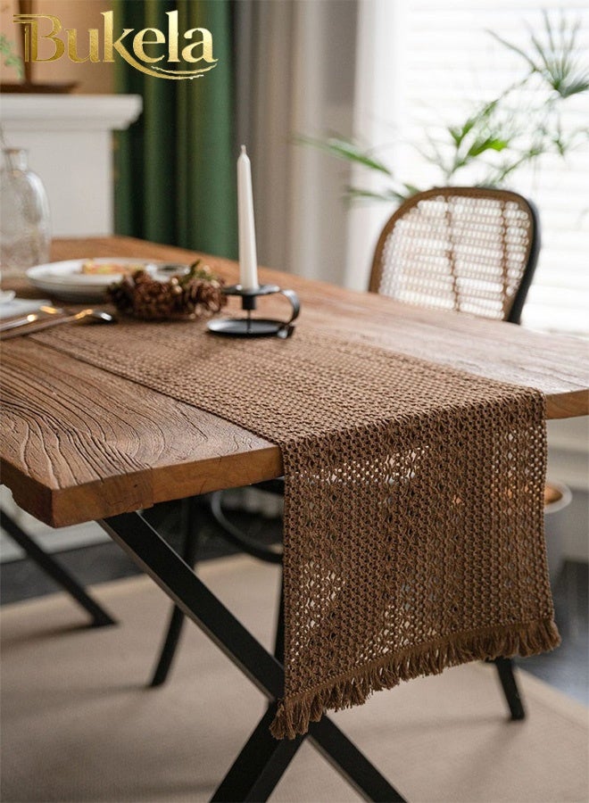 Bukela Boho Cotton Linen Table Runner,Hand Crocheted Hollow Table Runner for Wedding Reception Bridal Shower Party Decoration Table Centerpiece 12*72 inch (Coffee Color) - Image 5