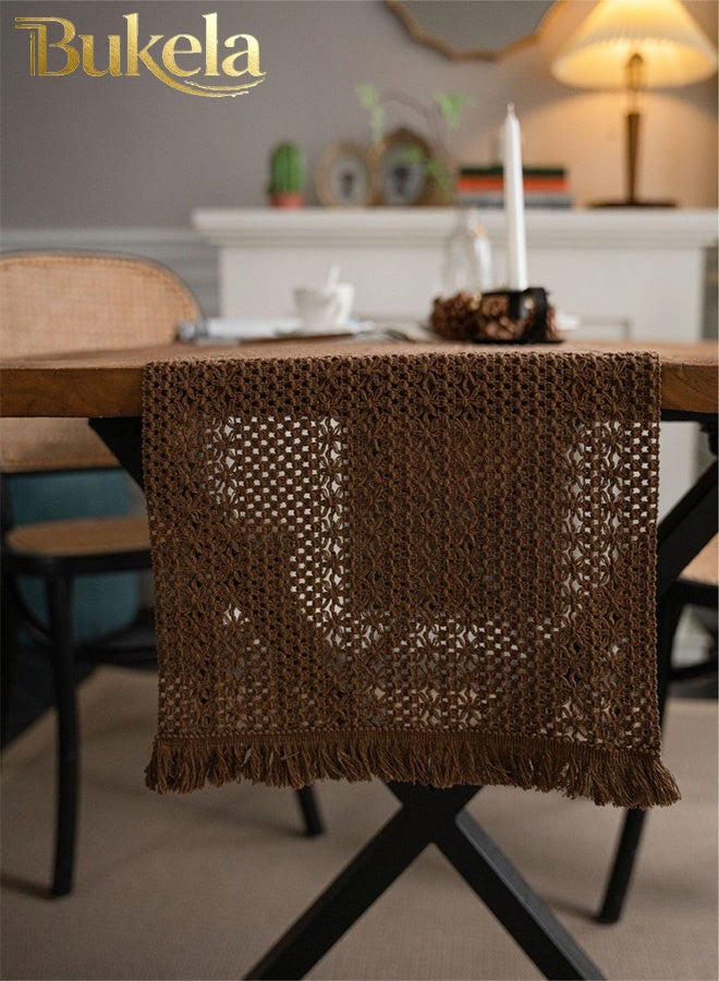 Bukela Boho Cotton Linen Table Runner,Hand Crocheted Hollow Table Runner for Wedding Reception Bridal Shower Party Decoration Table Centerpiece 12*72 inch (Coffee Color) - Image 2