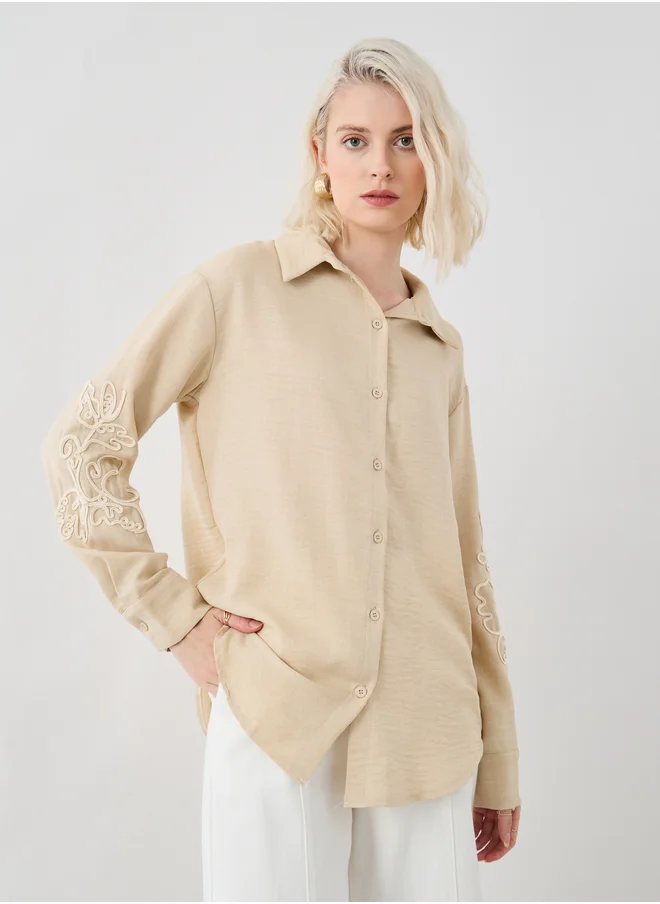 تايك تو Take Two Embroidered Spread Collar Oversized Shirt