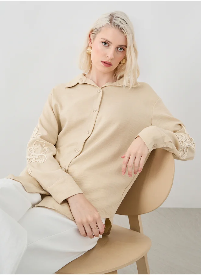 تايك تو Take Two Embroidered Spread Collar Oversized Shirt