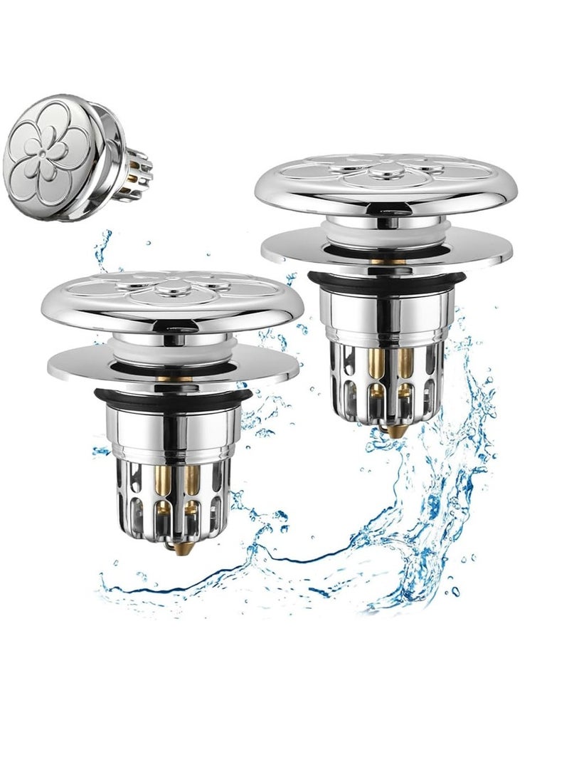 Excefore Pop Up Sink Plug, 2Pcs Press Bounce Basin Pop-up Drain Filter, Press-Type Electroplated Brass Core Sink Leakage Stopper for Wash Basin/Bathroom Sink, Silver  - Image 1