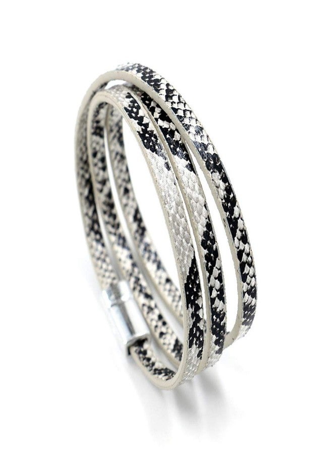 HUNO Multilayer Leopard Textured Cuff Bracelets Buckle Snakeskin PU Leather Wrap Cuff Bangle for Women-white - Image 1