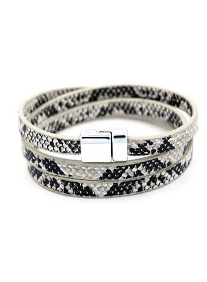 HUNO Multilayer Leopard Textured Cuff Bracelets Buckle Snakeskin PU Leather Wrap Cuff Bangle for Women-white - Image 2