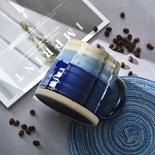 fMBB Large Ceramic Coffee Mugs, 13oz, Tea/Coffee Cups, Large Handle & Wide Bottom Coffee Mug, Transmutation Glaze, Hand Painted Mug, for Home or Office, Microwave and Dishwasher Safe, Blue Tone - Image 3