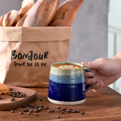 fMBB Large Ceramic Coffee Mugs, 13oz, Tea/Coffee Cups, Large Handle & Wide Bottom Coffee Mug, Transmutation Glaze, Hand Painted Mug, for Home or Office, Microwave and Dishwasher Safe, Blue Tone - Image 2