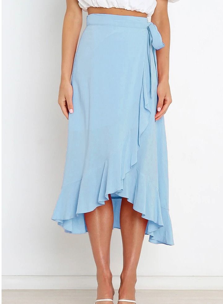 Loquat Women's Solid Color Ruffle Wrap Skirt Tie Waist Boho High Low Asymmetrical Midi Skirt Sky Blue  - Image 1