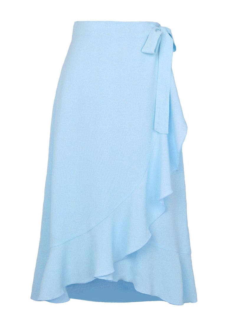 Loquat Women's Solid Color Ruffle Wrap Skirt Tie Waist Boho High Low Asymmetrical Midi Skirt Sky Blue  - Image 2