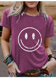 Summer Womens Casual Short Sleeve round Neck Smiley Face Pattern T-shirt Fashionable Street Style Polyester Blend Top dark red flower