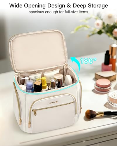 Hanke Large Toiletry Bag for Women Travel, Double Layer Organizer with Wide Opening for Full-Size Cosmetics & Toiletries, 12.2L Water-Resistant Makeup Bag,Off White - Image 2