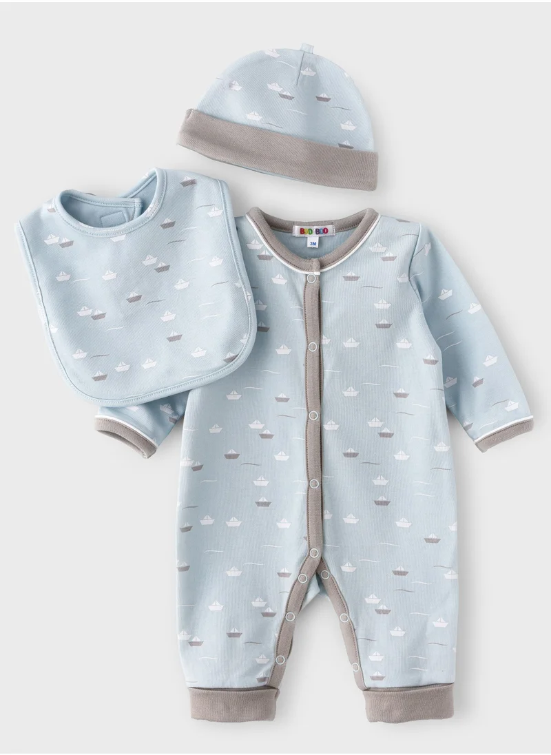 بوو بوو BooBoo Kids 3 Pcs Set - Sleepsuit O / F، Cap & Bib 100٪ قطن