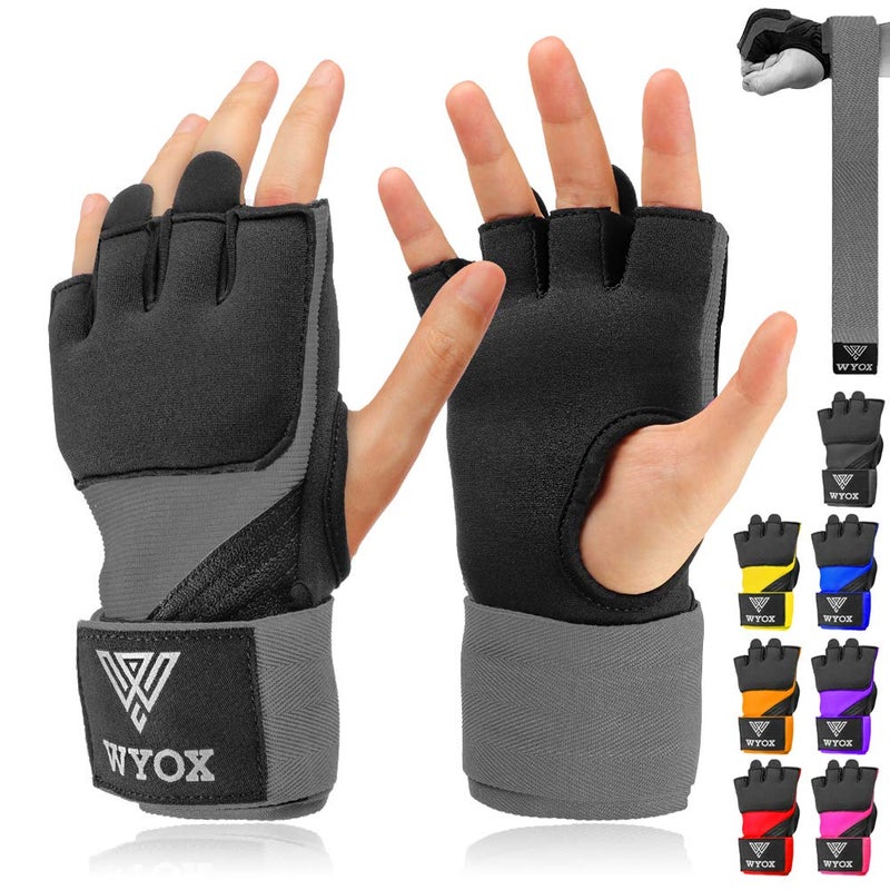 لفافات يد سريعة من جل Wyox للملاكمة Mma Kickboxing - Ez-Off & On - مفصل مبطن مع حماية لف المعصم للرجال والنساء والشباب (رمادي S-M)