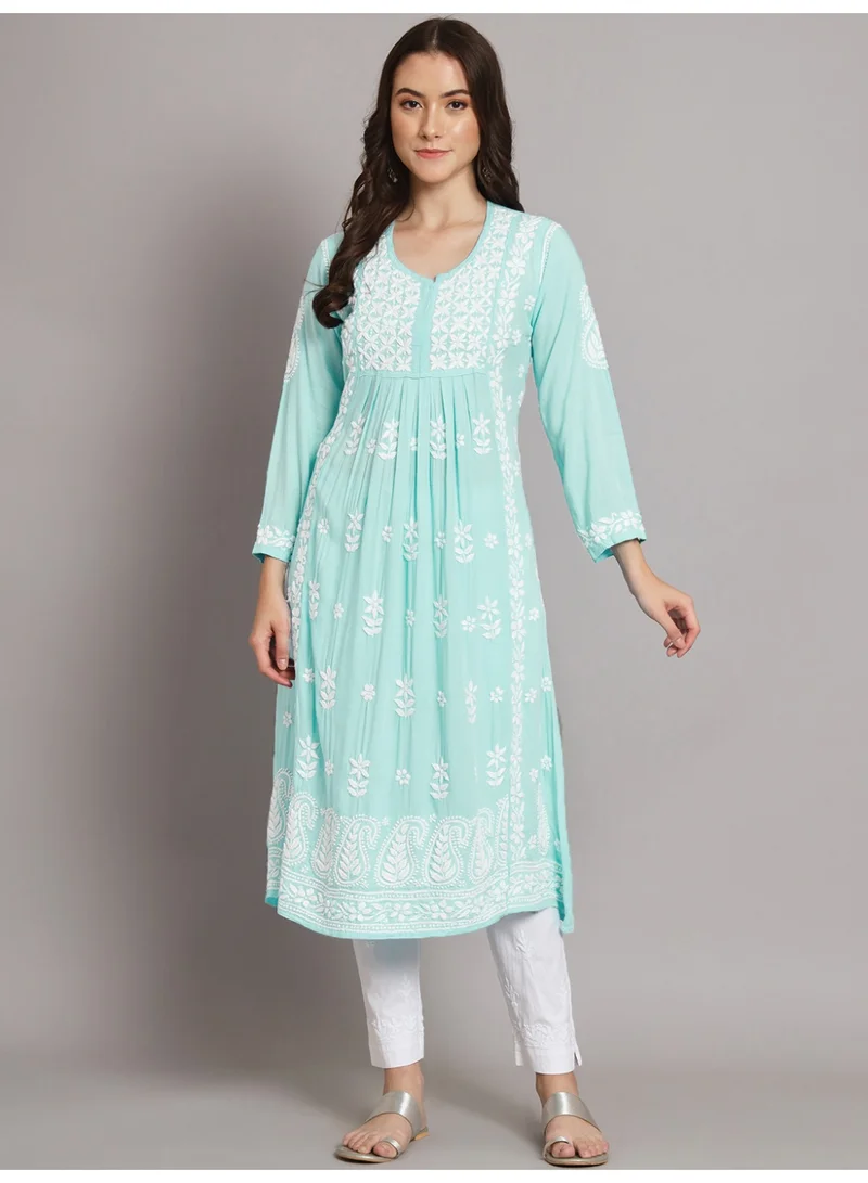 Alaya Seagreen Women Hand Embroidered Chikankari Cotton Kurta-AL3549 for Women | Best Price UAE