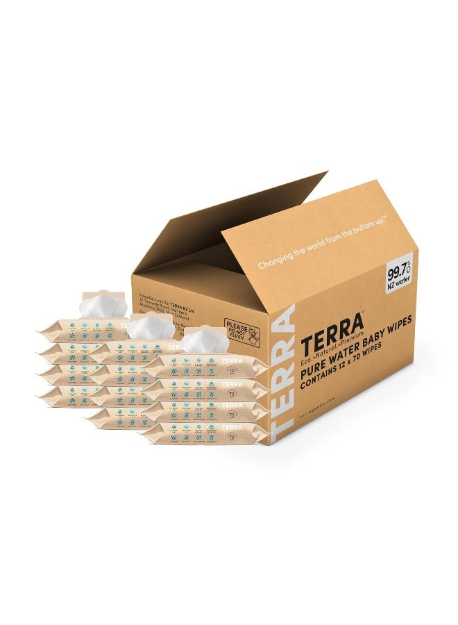 Terra Bamboo Water Baby Wipes: 99.7% Pure New Zealand Water, 100% Biodegradable Bamboo Fiber, 0% Plastic, Unscented Baby Wipes for Sensitive Skin, 12 Packs of 70 Wipes - Image 1
