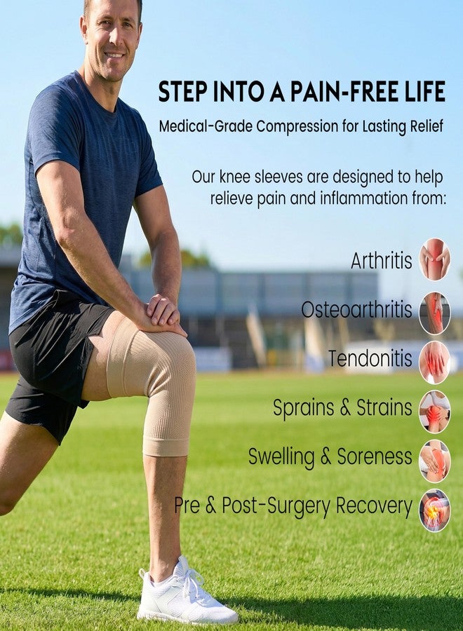 KEKING Orthopedic Brace for Tendinitis, Arthritis, ACL, MCL, Injury Recovery, Meniscus Tear, Knee Pain, Aching Knees, Patellar Tendonitis and Arthritis, Knee Compression Sleeves 2 Pack, Beige L - Image 4
