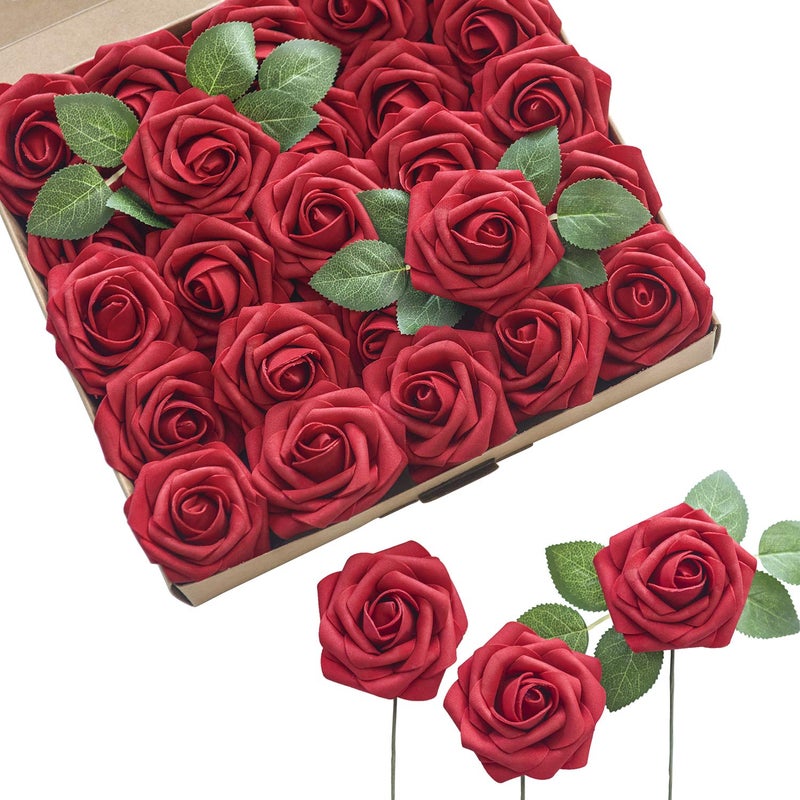 Ling's moment Ling's Moment Artificial Flowers 25Pcs Crimson Red Roses Decor w/Stems 3"" Real Touch DIY Foam Floral for Wedding Bouquet/Centerpieces  Outdoors Party Backdrop  Room/Table  and Garden/Pot Decorations  - Image 1