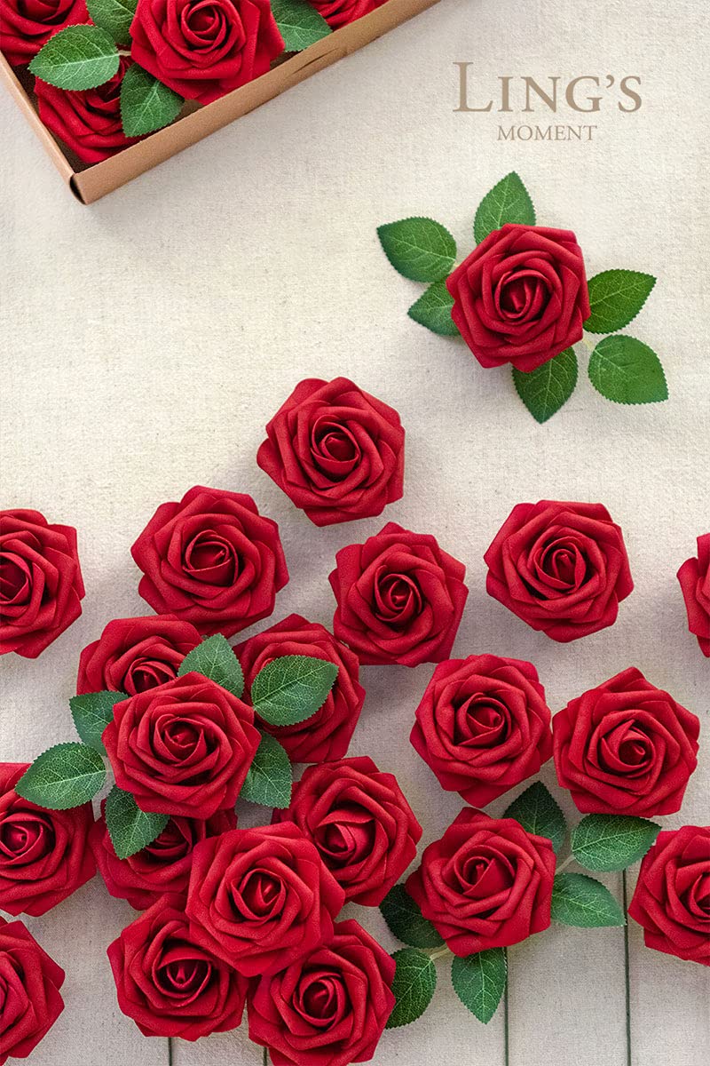 Ling's moment Ling's Moment Artificial Flowers 25Pcs Crimson Red Roses Decor w/Stems 3"" Real Touch DIY Foam Floral for Wedding Bouquet/Centerpieces  Outdoors Party Backdrop  Room/Table  and Garden/Pot Decorations  - Image 2