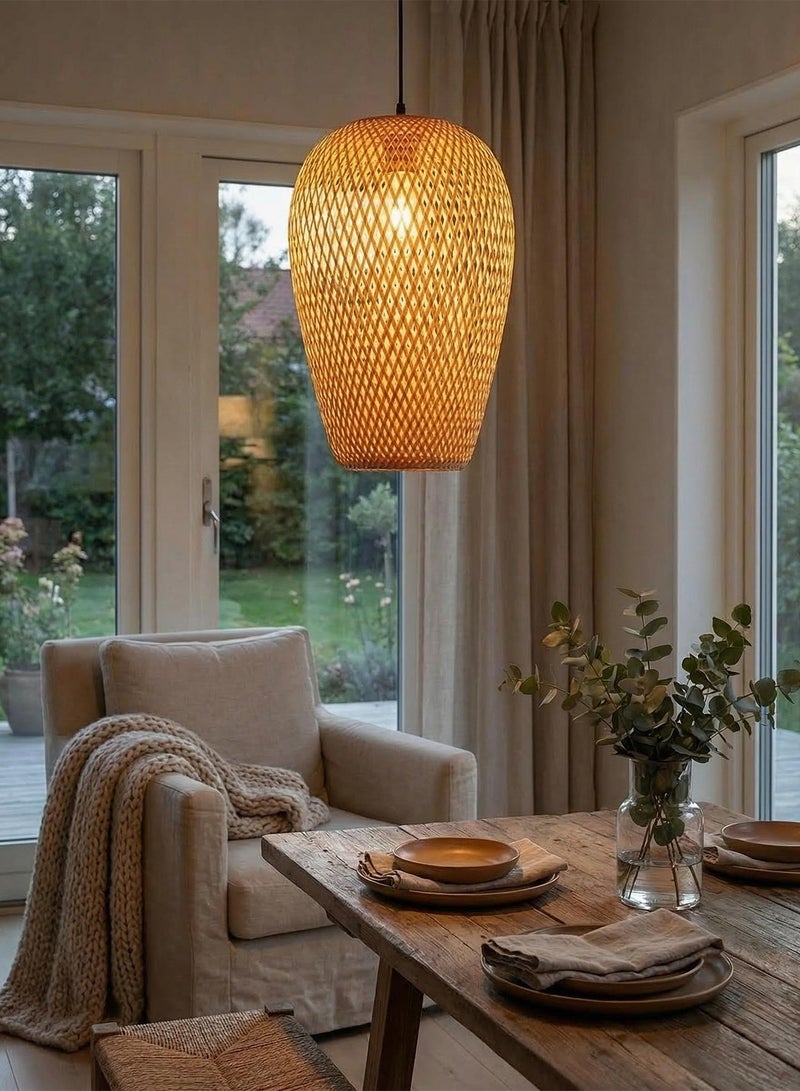 Retro Rattan LED Pendant Light Handmade Bamboo Woven Chandelier Ceiling Lighting Fixtures for Living Room Bedroom Kitchen Dining Room Restaurant Rustic Boho Hanging Light - Image 1