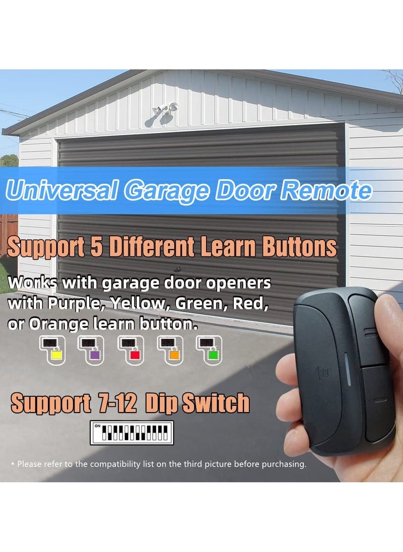 Universal Garage Door Remote for Liftmaster Chamberlain Linear Craftsman Genie Opener 300/310/315/318/390Mhz,Support Purple/Yellow/Green/Red/Orange Learn Button and DIP Switch,2 Pack
