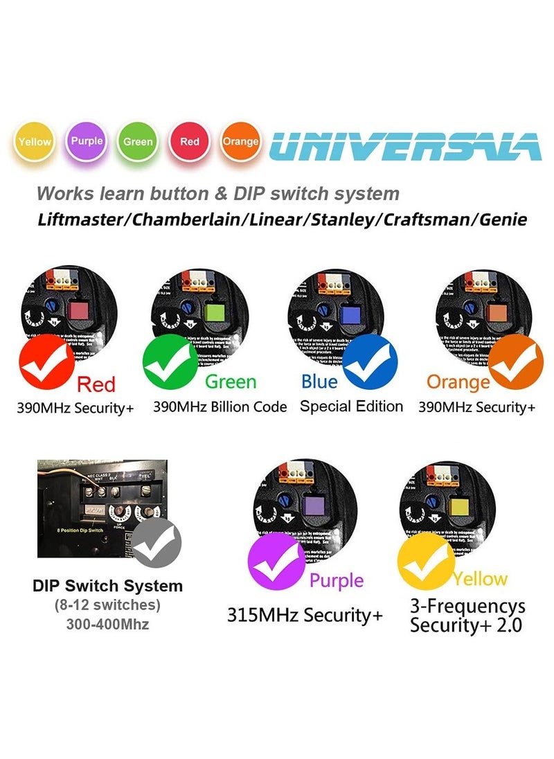 Universal Garage Door Remote for Liftmaster Chamberlain Linear Craftsman Genie Opener 300/310/315/318/390Mhz,Support Purple/Yellow/Green/Red/Orange Learn Button and DIP Switch,2 Pack