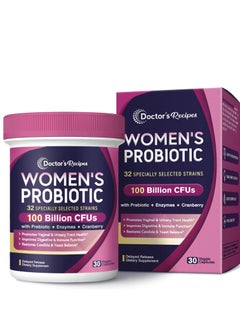 Doctor's Recipes Probiotics for Women, 100 Billion CFU 32 Strains Enzymes & Cranberry, Vaginal Urinary Digestive & Immune 30 Capsules 30 Servings  - Image 1