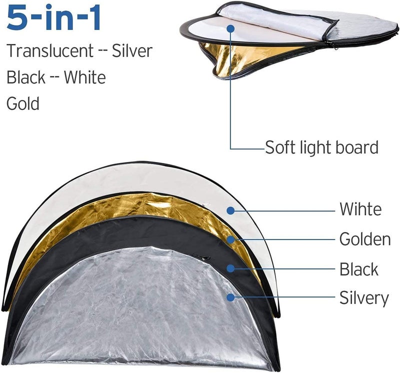 Schsteindar ® Reflector 42-inch / 107 cm 5 in 1 Collapsible Multi-Disc Light Reflector with Bag - Translucent, Silver, Gold, White and Black - Image 2