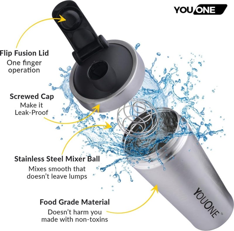 YOUONE Stainless Steel Shaker Bottles For Gym - 100% Leakproof Guarantee, Ideal For Protein, Pre Workout, Bcaas & Water Bpa Free Material - Image 5