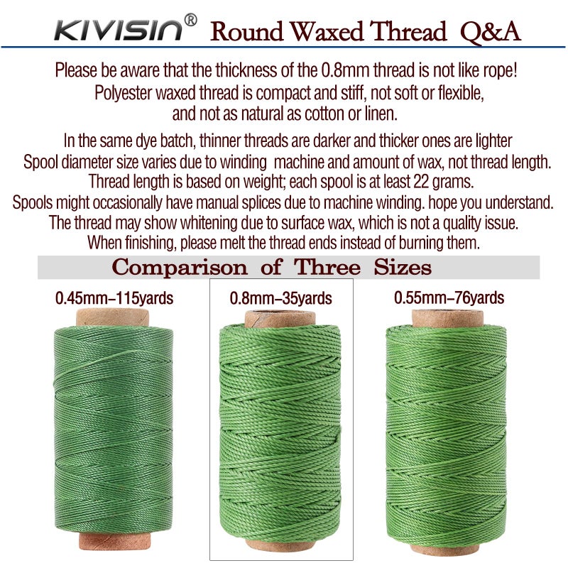 KIVISIN 12 Colored Round Waxed Thread 0.8mm, 35 Yards per Spool, 3 Ply Polyester Wax Cord Strings for Hand Sewing, Beading, Bookbinding, Basket Weaving, Micro Macrame Bracelets and Jewelry Making - Image 4