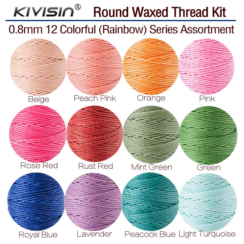 KIVISIN 12 Colored Round Waxed Thread 0.8mm, 35 Yards per Spool, 3 Ply Polyester Wax Cord Strings for Hand Sewing, Beading, Bookbinding, Basket Weaving, Micro Macrame Bracelets and Jewelry Making - Image 2